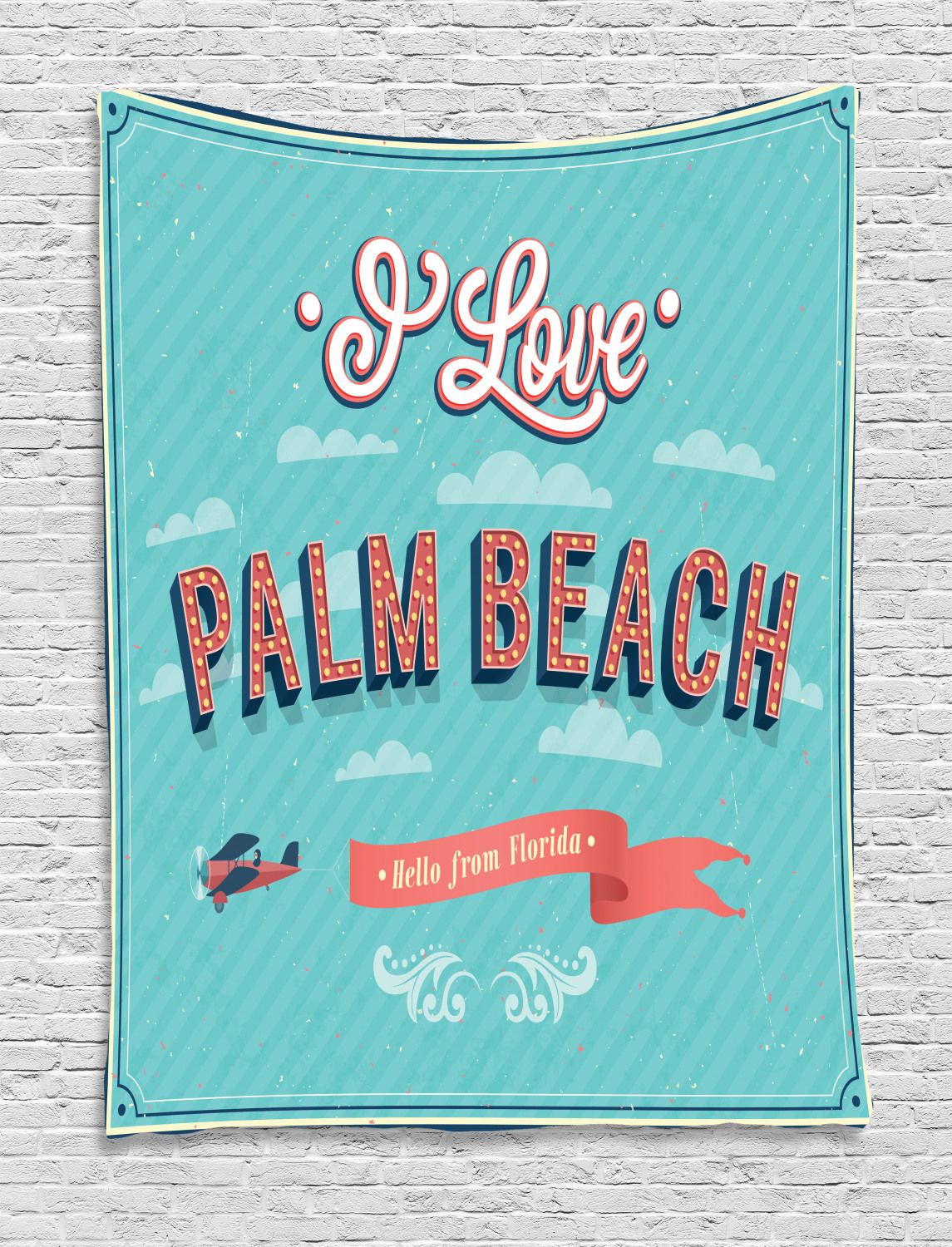 Biplane Lettering Florida Tapestry, Vintage Typographic I Love Palm Beach Lettering and ...