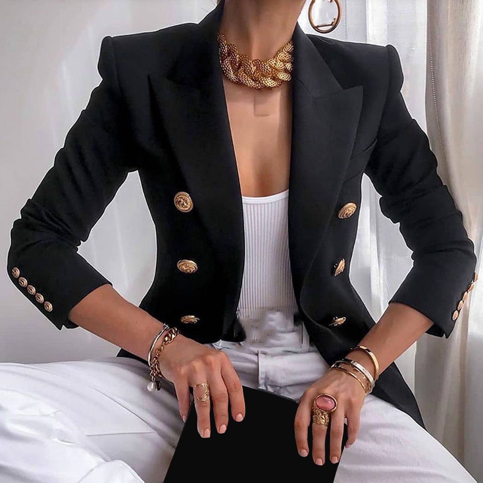 Ecqkame Women's Blazer Jackets Elegant Business Office Work Lady Solid  Button Suit Jacket Coat Outwear with Pocketed Navy M 