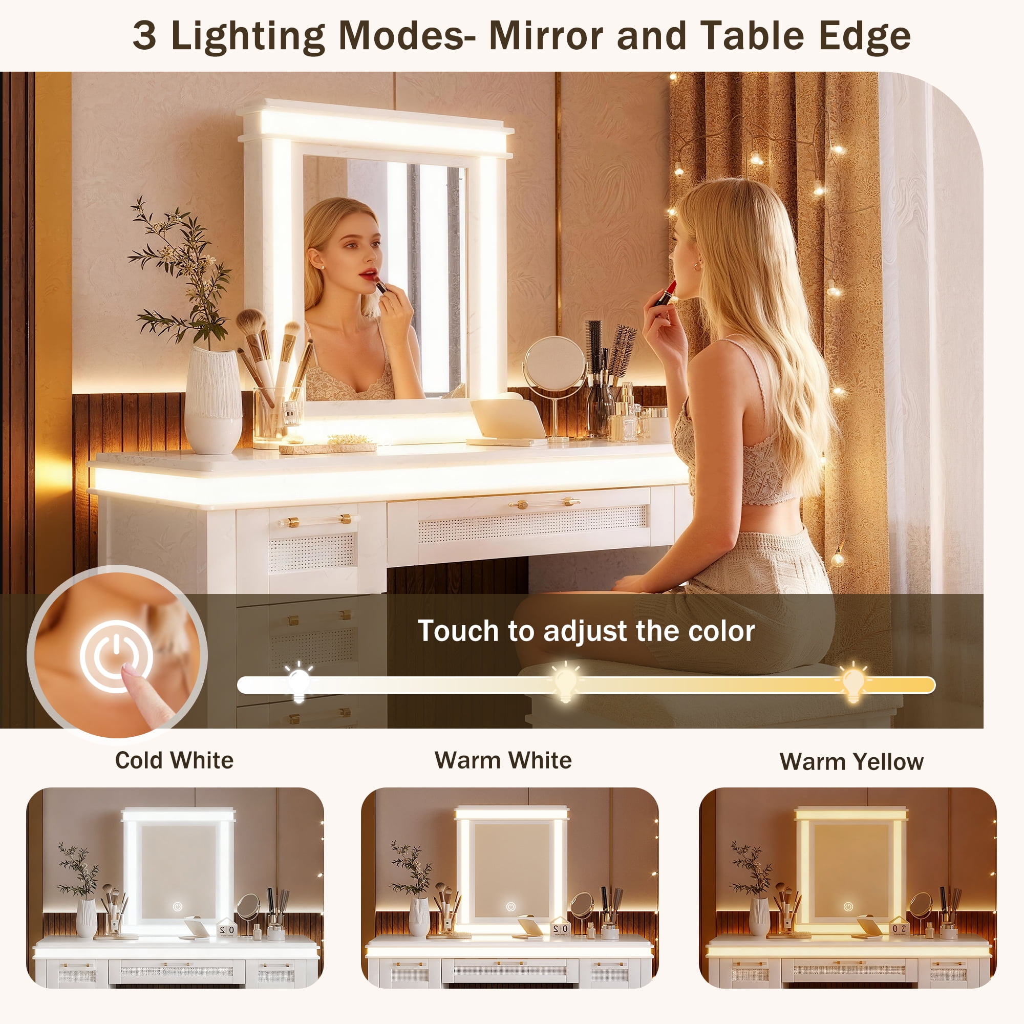 Mintazer Vanity Set with Mirror & Lights, Dressing Table with 7 Drawers and Stool, Makeup Vanity Desk with Hollow Design Drawer for Bedroom, White