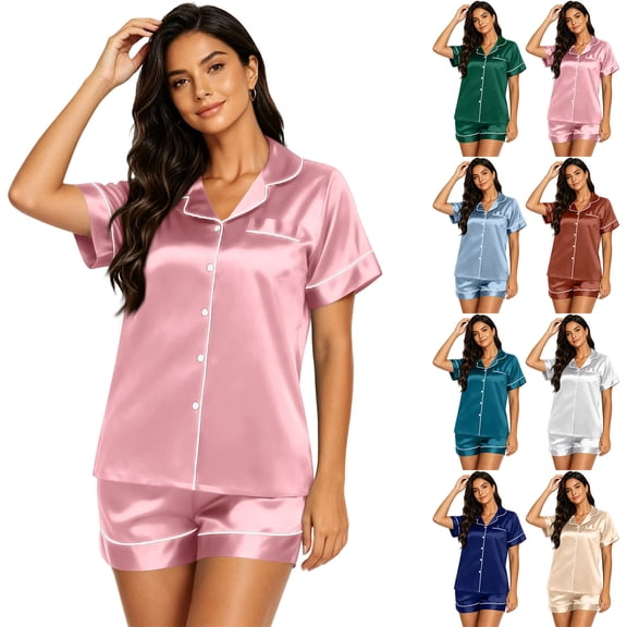 Garbnen Silk Women's Pajama Sets Short Sleeve Button Down Sleepwear Pjs Shorts Set Cozy Loungewear Short Sets for Women White XXXL