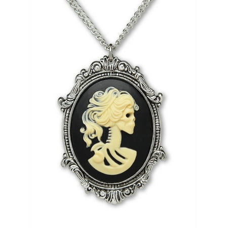 Gothic Lolita Skull Cameo in Silver Finish Pewter Frame Pendant Necklace by Real Metal Jewelry
