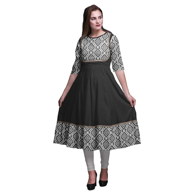 Bimba Black5 Ikat Robe Anarkali Ethnique Imprimée Longue Robe Maxi Kurtis Indiens pour Femmes Kurti Ethnique X-Small