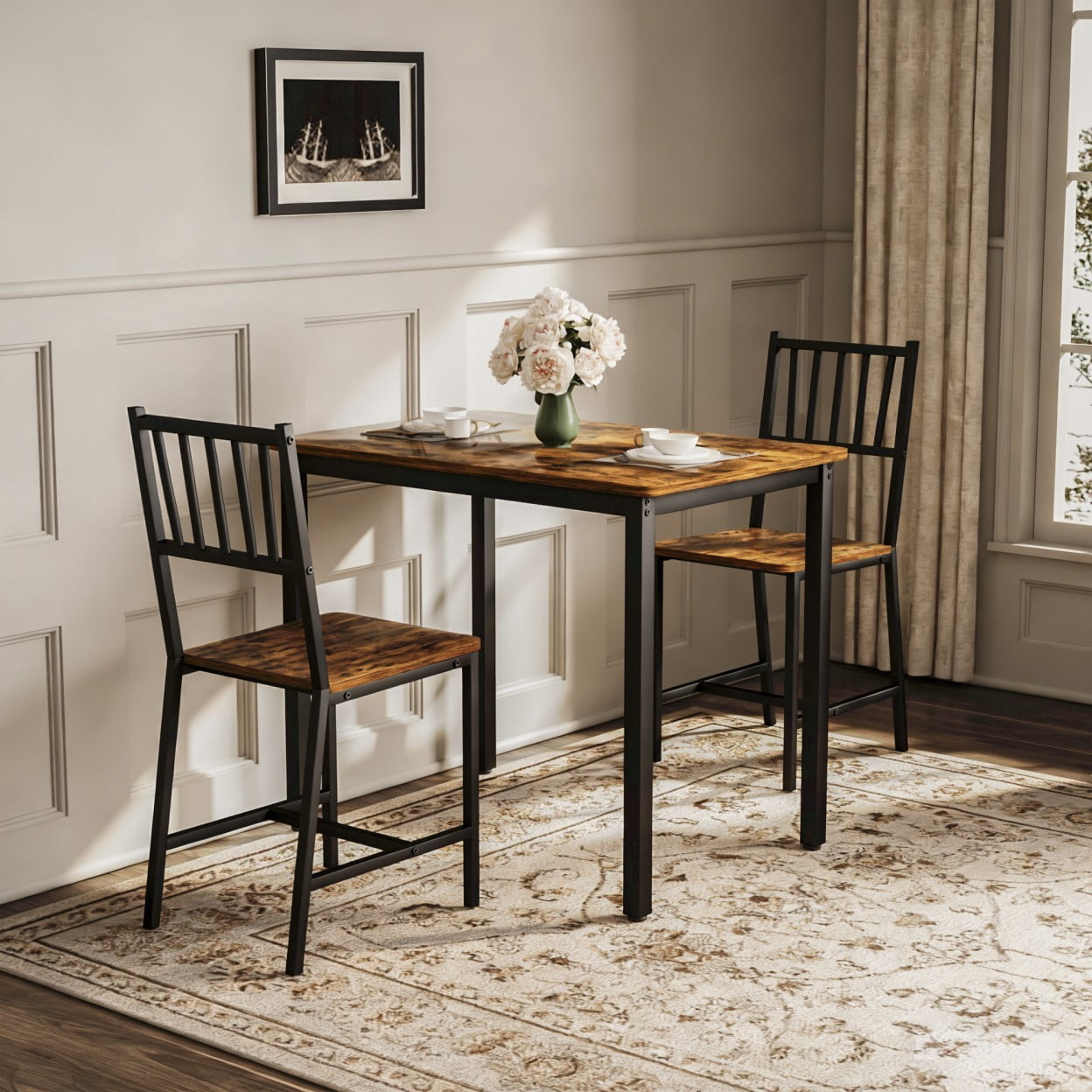 3 Piece Dining Table Set with 2 Chairs, Industrial Counter Height Kitchen Table Set, Breakfast Table for Small Space Dining Room Living Room, Rustic Brown