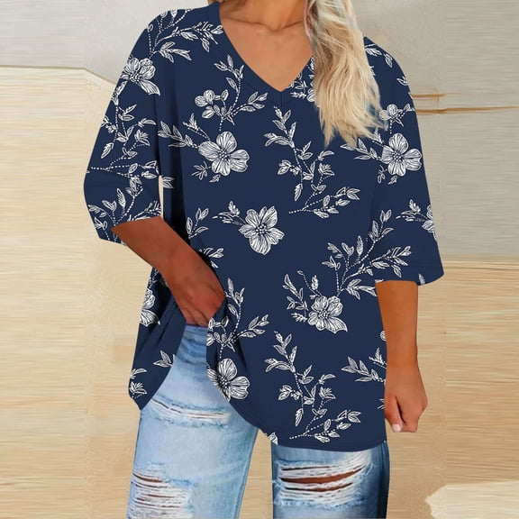 Inverlee Womens Elegant Floral Print Plus Size Blouse Trendy Relax Fit Breathable 3/4 Sleeve Shirts Dressy Casual Round Neck Tee Tops
