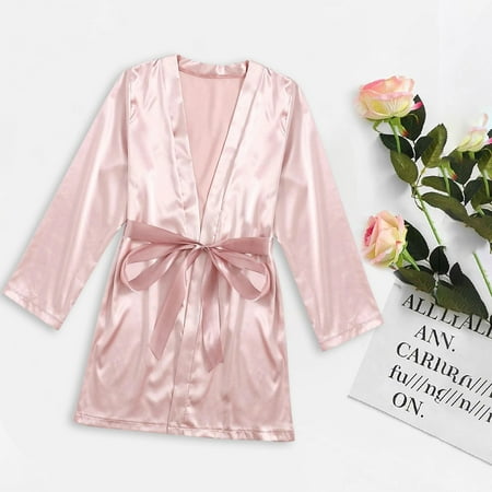 Dihao Womens Pajamas Women Robe Lightweight Long Sleeve Knit Bathrobe Summer Soft Knee Length Sleepwear Robes Satin V Neck Ruffled Silk Pajamas Lace up Lingerie Robes Underwear Lounge