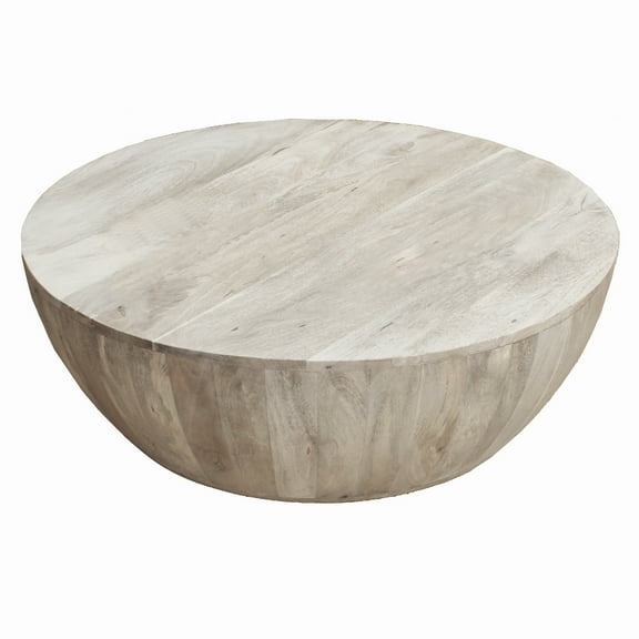 Distressed Mango Wood Coffee Table in Round Shape, Washed Light Brown