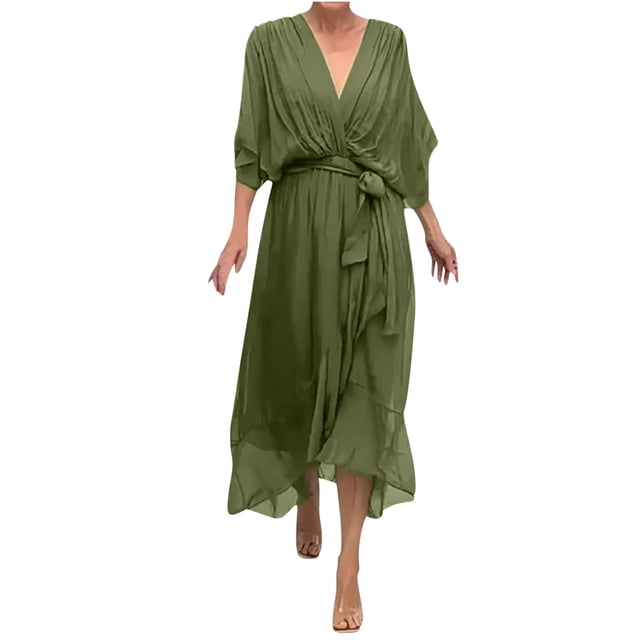 BEFOKA Robe Grande Taille pour Femmes, Robe d'Été en Liquidation pour Femmes, Robe Longue Décontractée Unie à Lacets Irrégulière