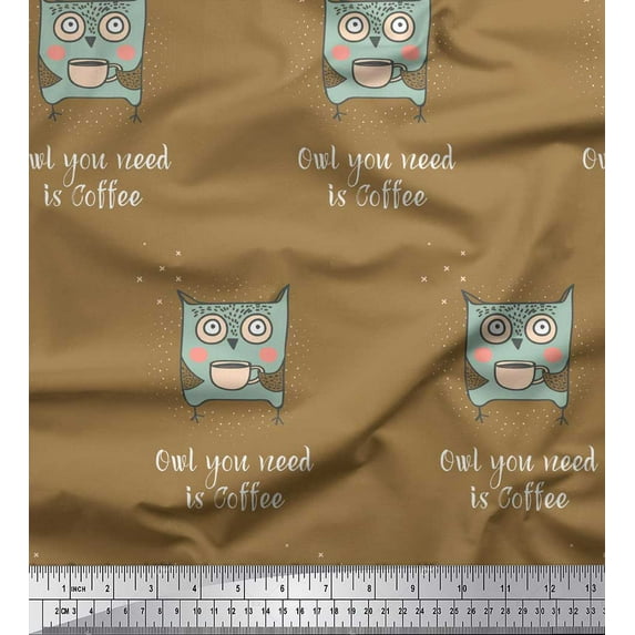 Soimoi Brown Poly Georgette Fabric Text & Owl Cartoon Print Fabric by the Yard 52 Inch Wide