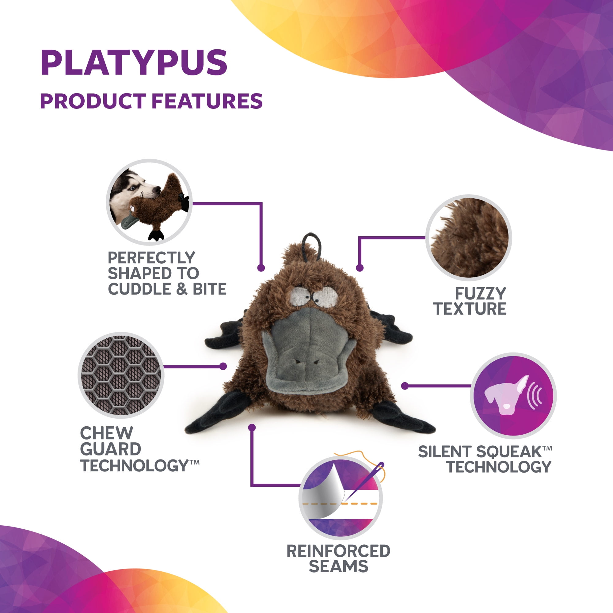 TrustyPup Strong 'N Silent Platypus, Durable Plush Silent Squeaker Dog Toy with Chew Guard Technology, Brown, Large