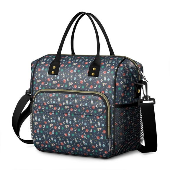 Moon and Stars Print Thermal Lunch Bag - Multi-Pocket Leakproof Food Storage for Outdoor Enthusiasts, Parents