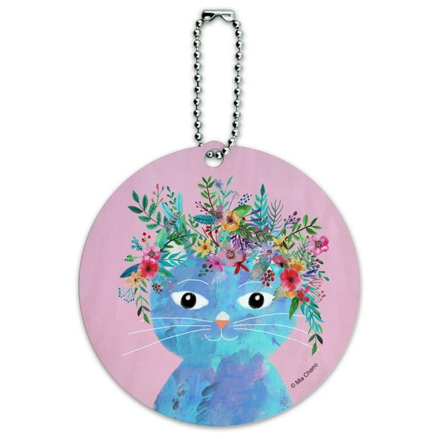 Blue Cat Flower Hat Round Luggage ID Tag Card Suitcase Carry-On