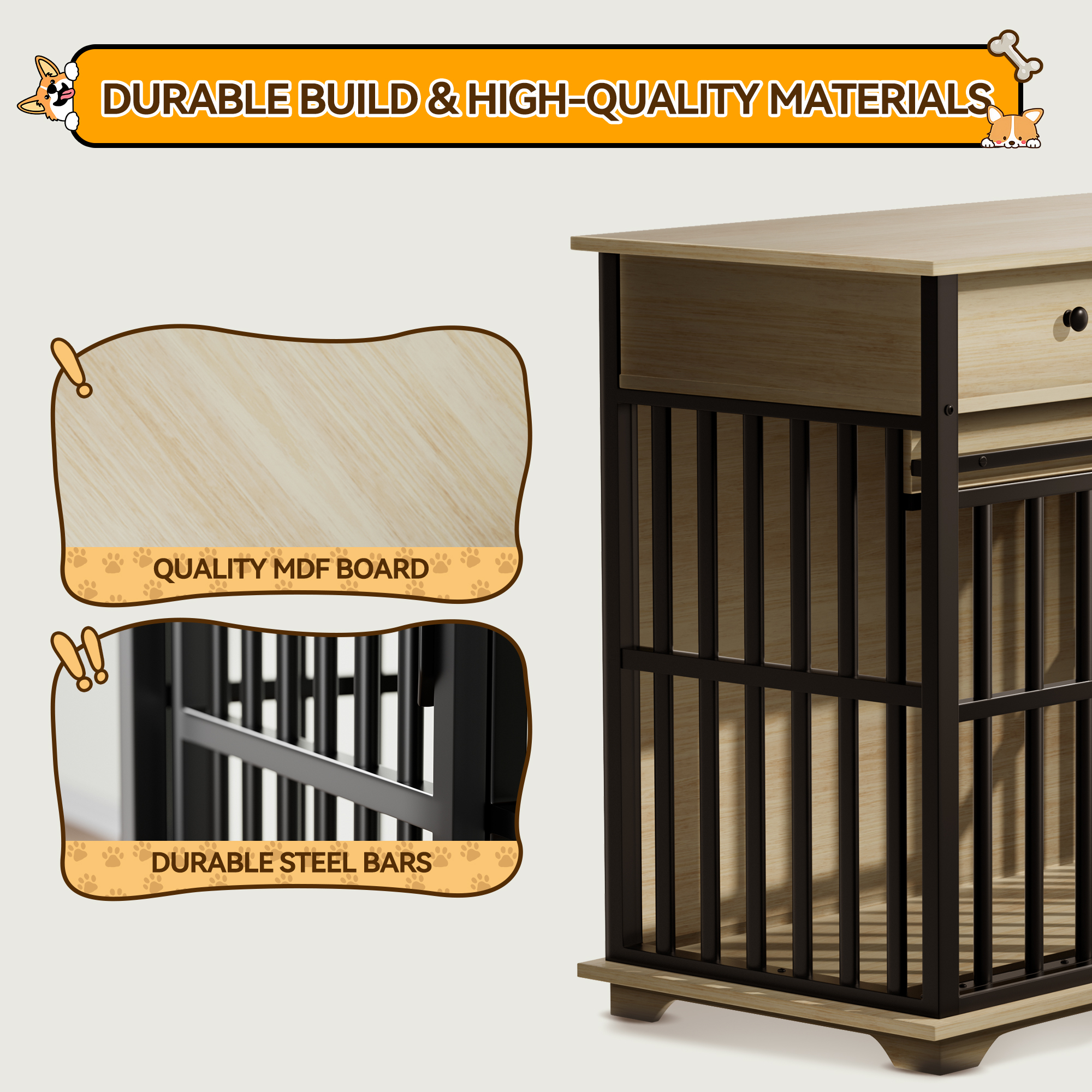 36" 2-in-1 Dog Crate Furniture, Dog Cage with Double Storage Cabinets, Indoor Iron-Wood Dog Kennel Table for Medium & XLarge Dogs, Rustic Brown Decorative Pet Cage with Sliding Door & Removable Tray