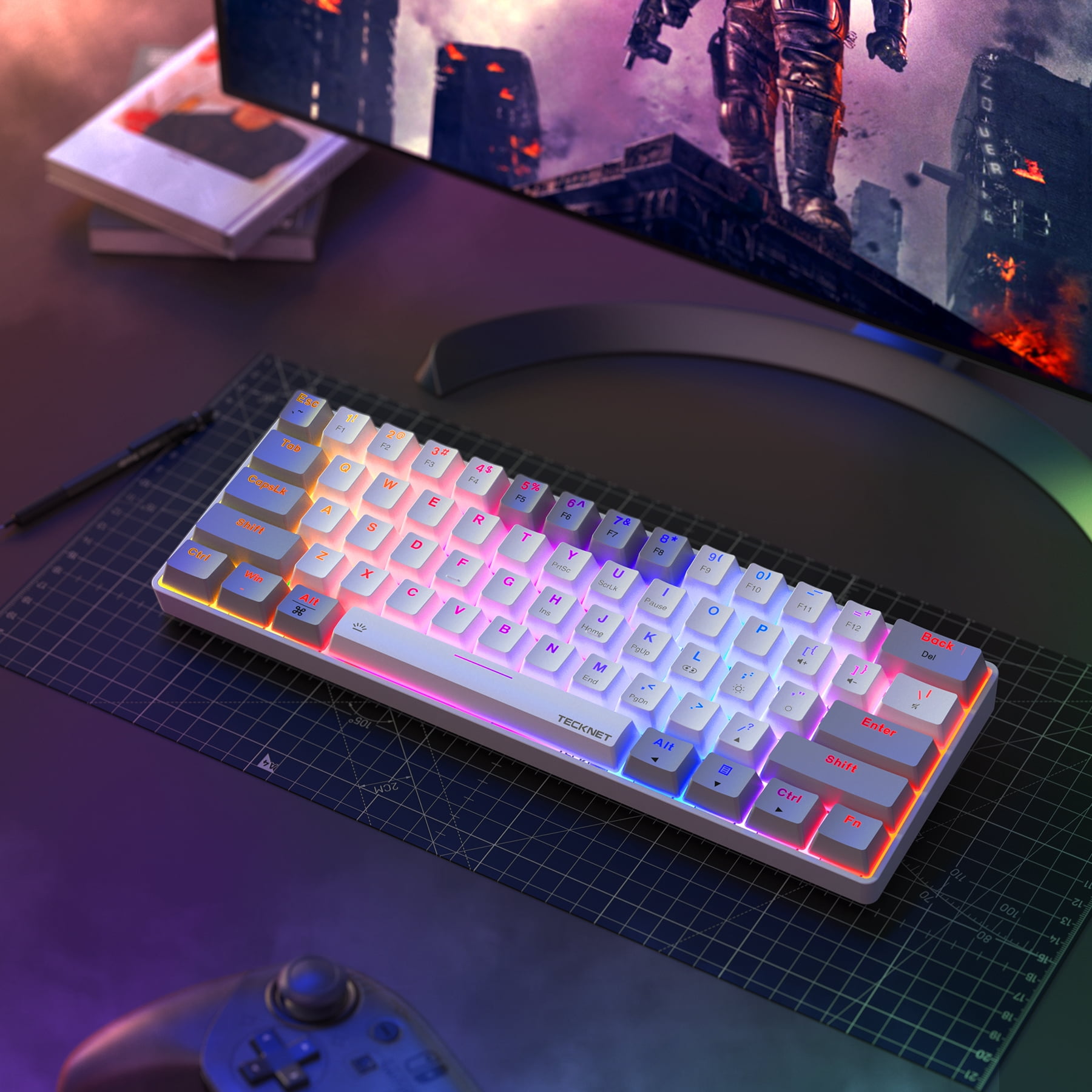 TECKNET Ultra Compact Mechanical Keyboard with 60% Cable, RGB Keyboard, White USB Keyboard with Red Switch, Illuminated Keyboard with Adjustable Stand, Clicky Portable Keyboard