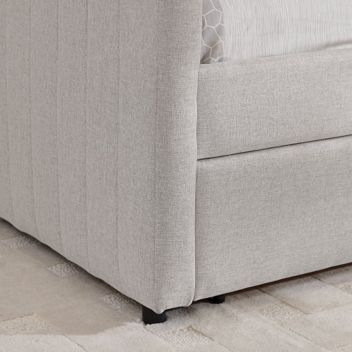Queen Size Upholstered Daybed with 2 Storage Drawers, Vertical Stripe Linen Sofa Bed, Beige