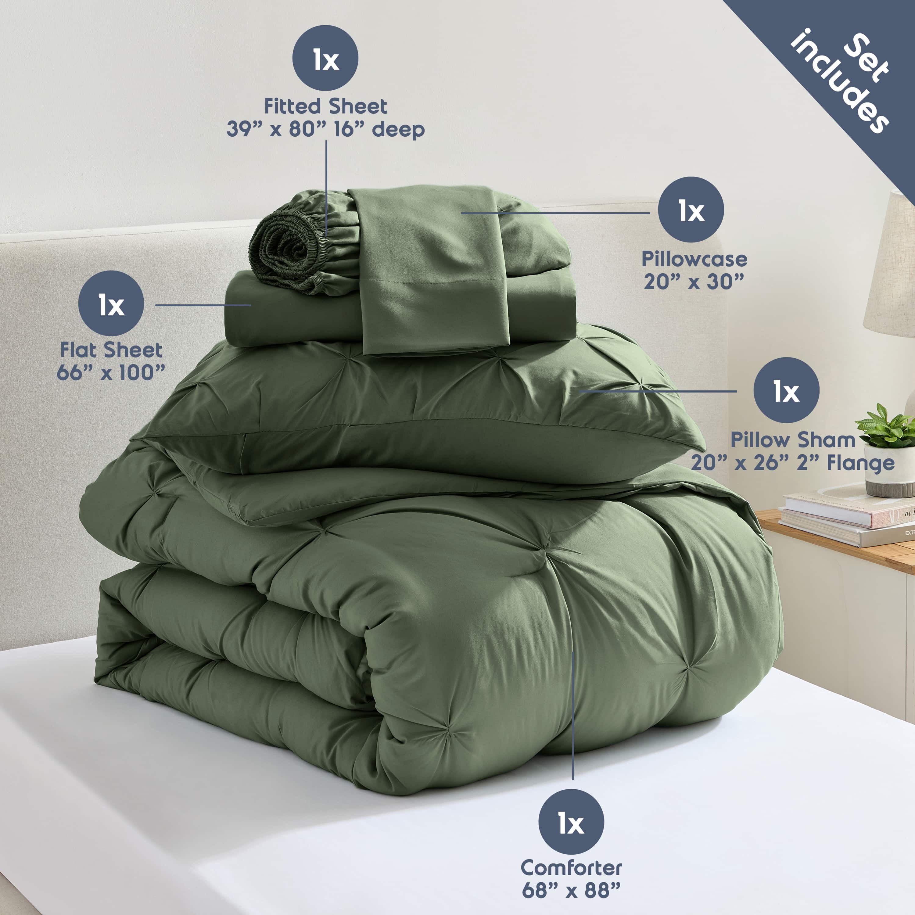 LammaLoe Twin XL Comforter Sets, 5 Piece Bed In A Bag Pintuck Bedding Sets, Olive Green