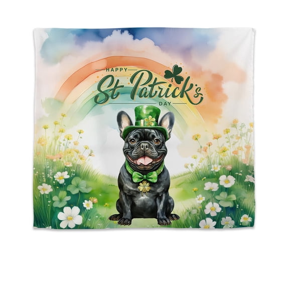 Happy St. Patrick’s Day French Bulldog with Green Hat Shamrocks Rainbow Tapestry Dog Lover Gifts Wall Hanging Backdrop Home Decor - 03007