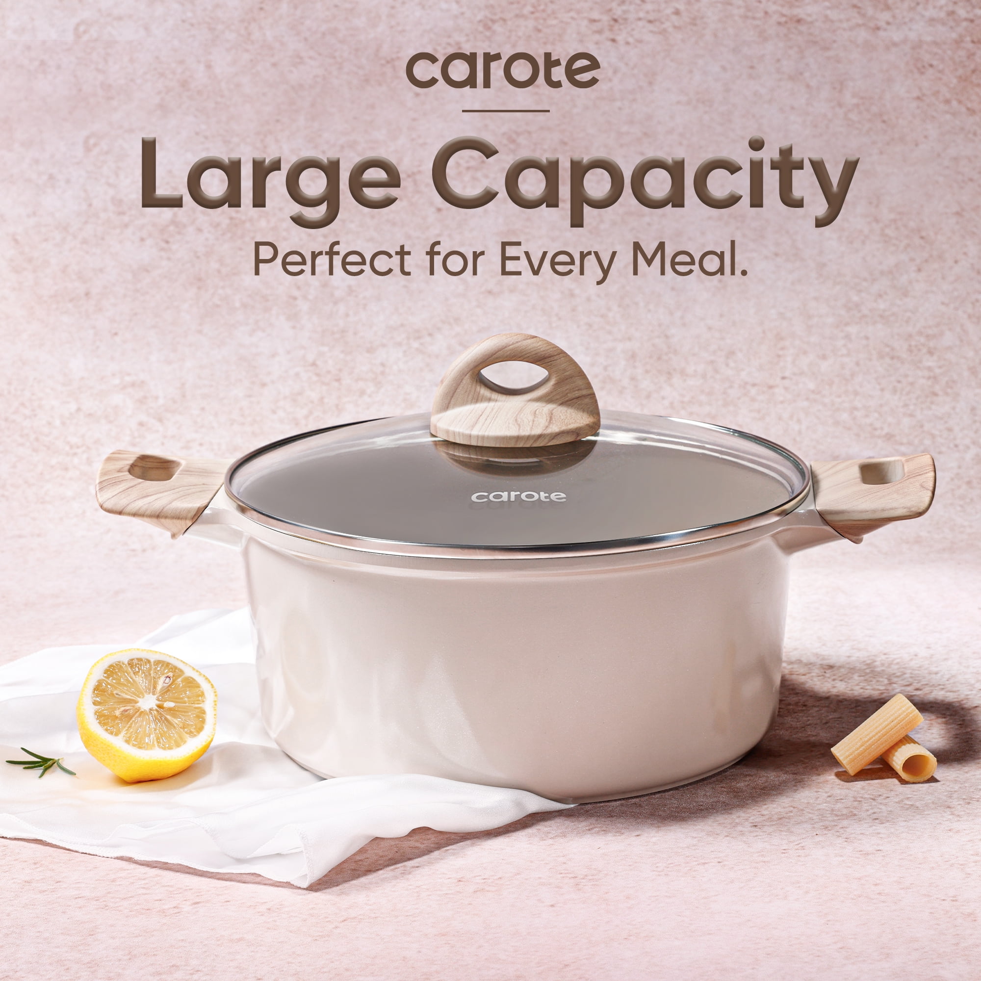 Carote 4.8QT Non Stick Stock Pot with Lid, Ceramic Cooking Pot,Non Toxic Steamer Pot, Soup Pot for Cooking,  Nonstick Dutch Oven,  Induction Compatible, Taupe