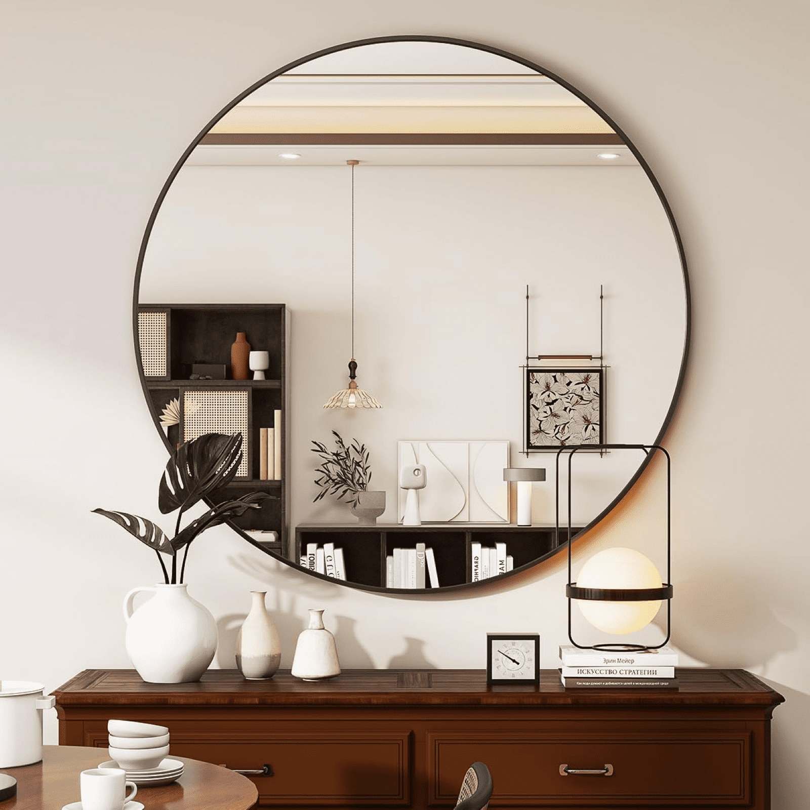 AUROMIR 30" Round Wall Mirror Bathroom Vanity Mirror Aluminum Alloy Frame,Black