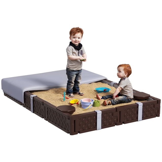 Qaba Rectangular Kids Sandbox with Cover, 4 Seats, Bottom Liner, Brown