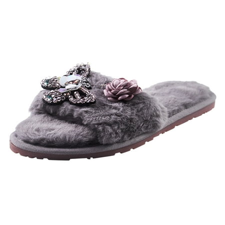 

Youmylove Plush Shoes Flat Open Slip On Home Flowers Slippers Toe Warm Furry Women Slide Slippers Home Women Slide Slippers Leisure Comfort Cozy Daily Walking