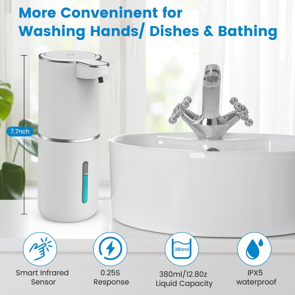 FEELSO Automatic Soap Dispenser, Touchless Foaming USB-C Rechargeable, 4-Level Adjustable, Wall Mount or Countertop, White