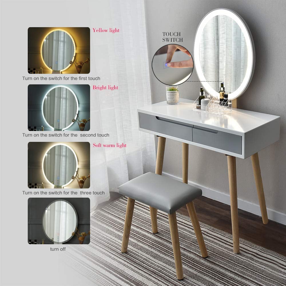 ELEWISH Makeup Vanity Table Set with 3 Modes Adjustable Lighted Mirror  Cushioned Stool, Dressing Table for Small Space with Free Make-up Organizer  (White+Wood) 