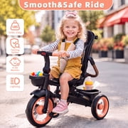 XJD 7-in-1 Toddler Bike with Push Handle for Ages 1-4, Foldable Lightweight Toddler Tricycle Stroller, Convertible Push Trike with Safety Harness, Pink