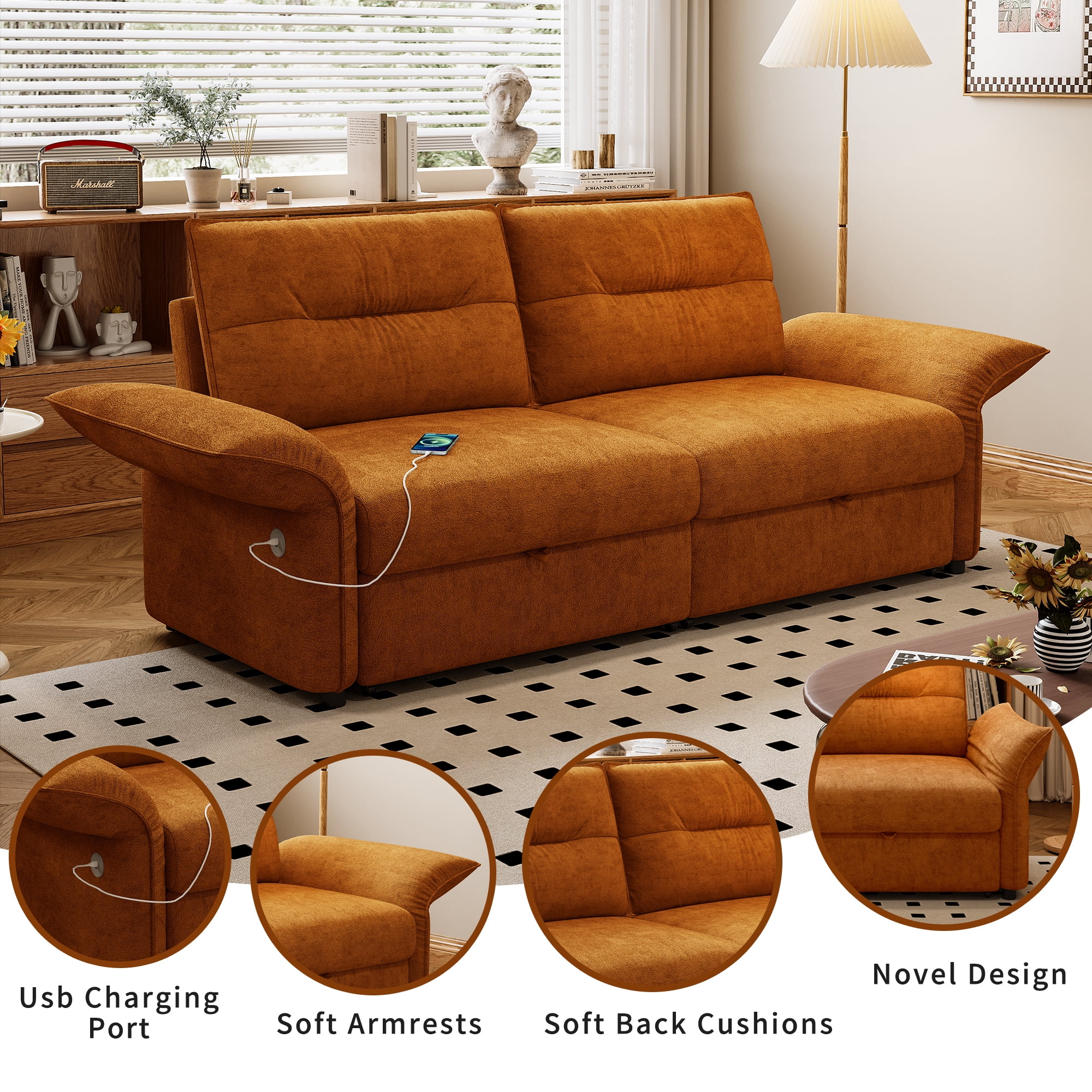 Leumius 85" Convertible Sofa Bed with Wood Frame,2-in-1 Upholstered Sleeper Sofa Bed with Pull Out Bed for Living Room,Apartment,600 lbs Capacity,Orange
