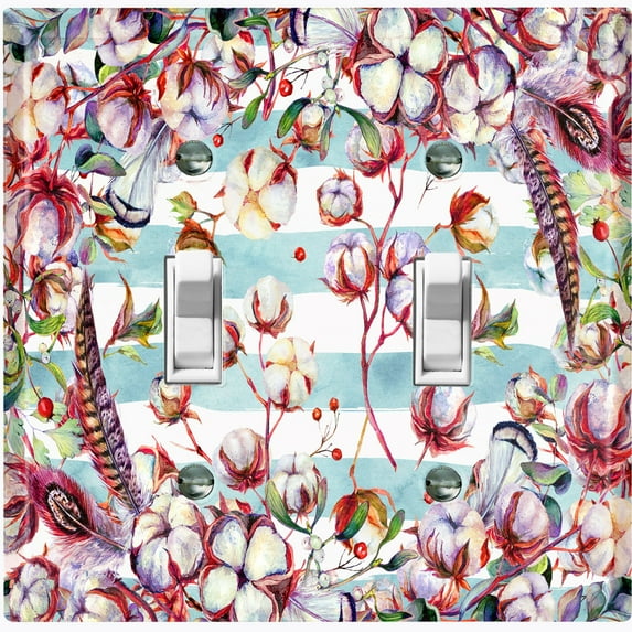 Metal Light Switch Plate Cover Lotus Pods Cotton Flower Teal Stripes FLW020