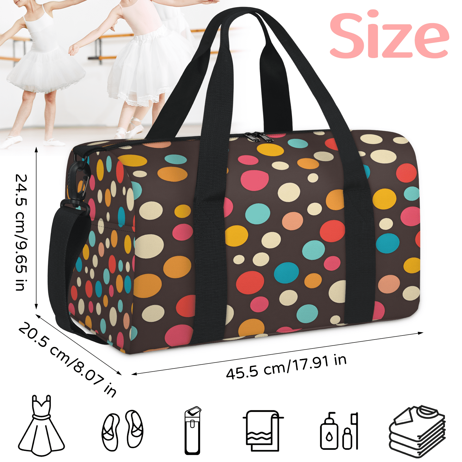 Herdesigns Rainbow Travel Duffle Bag Sports Yoga Weekender Overnight Carry on Workout Bags Lightweight Waterproof Gym Tote Bag for Women Geometric Polka Dots