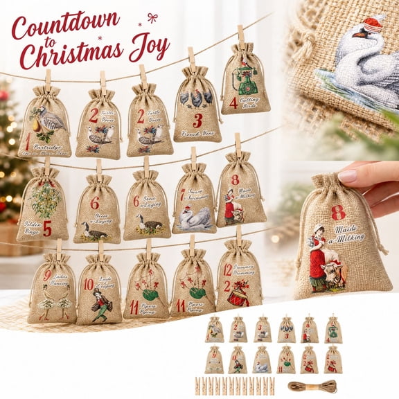 12 Pack Christmas Advent Calendar Drawstring Gift Bags with Wooden Clips and Jute Twine for Rustic Holiday Decor, Burlap Countdown Bags for Adults Kids Farmhouse Party Decorations