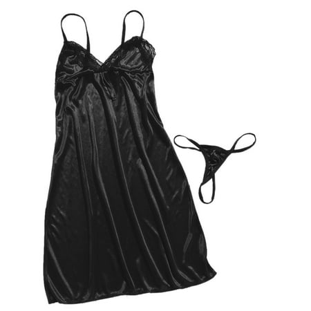 

QWERTYU Women s Sexy Lace Chemise Satin Teddy Sleepwear Bow Nightgown Babydoll Black One Size