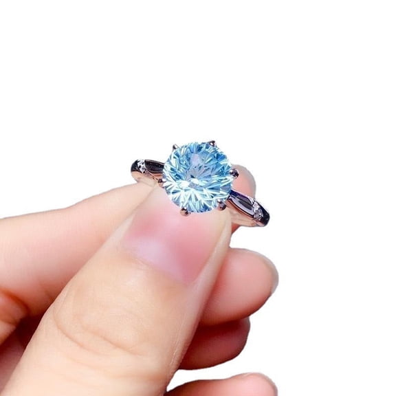 Womens Ring Natural Sky Blue Topaz Fireworks Cut Adjustable Opening Geometric Copper Elegant Fashion Jewelry
