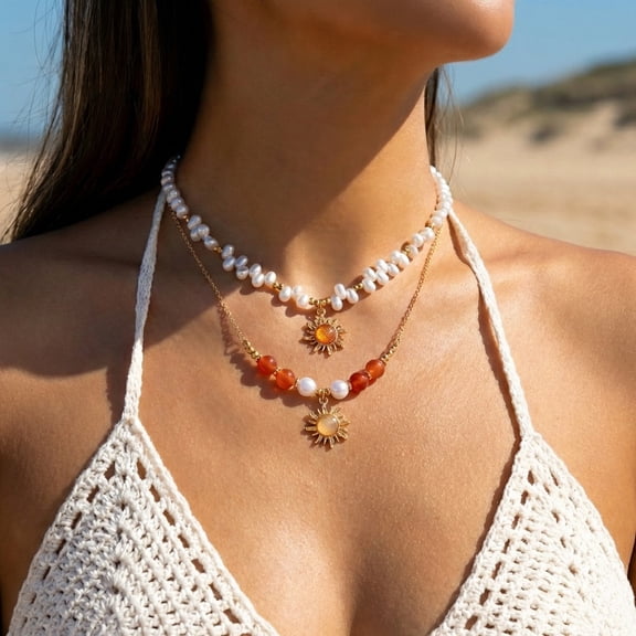 SKQIT Baroque Imitation Pearl Sun Choker Necklace for Women Vintage Boho Sun Pendant Necklace Layered Beaded Charm Necklaces Stackable Statement Jewelry Gifts
