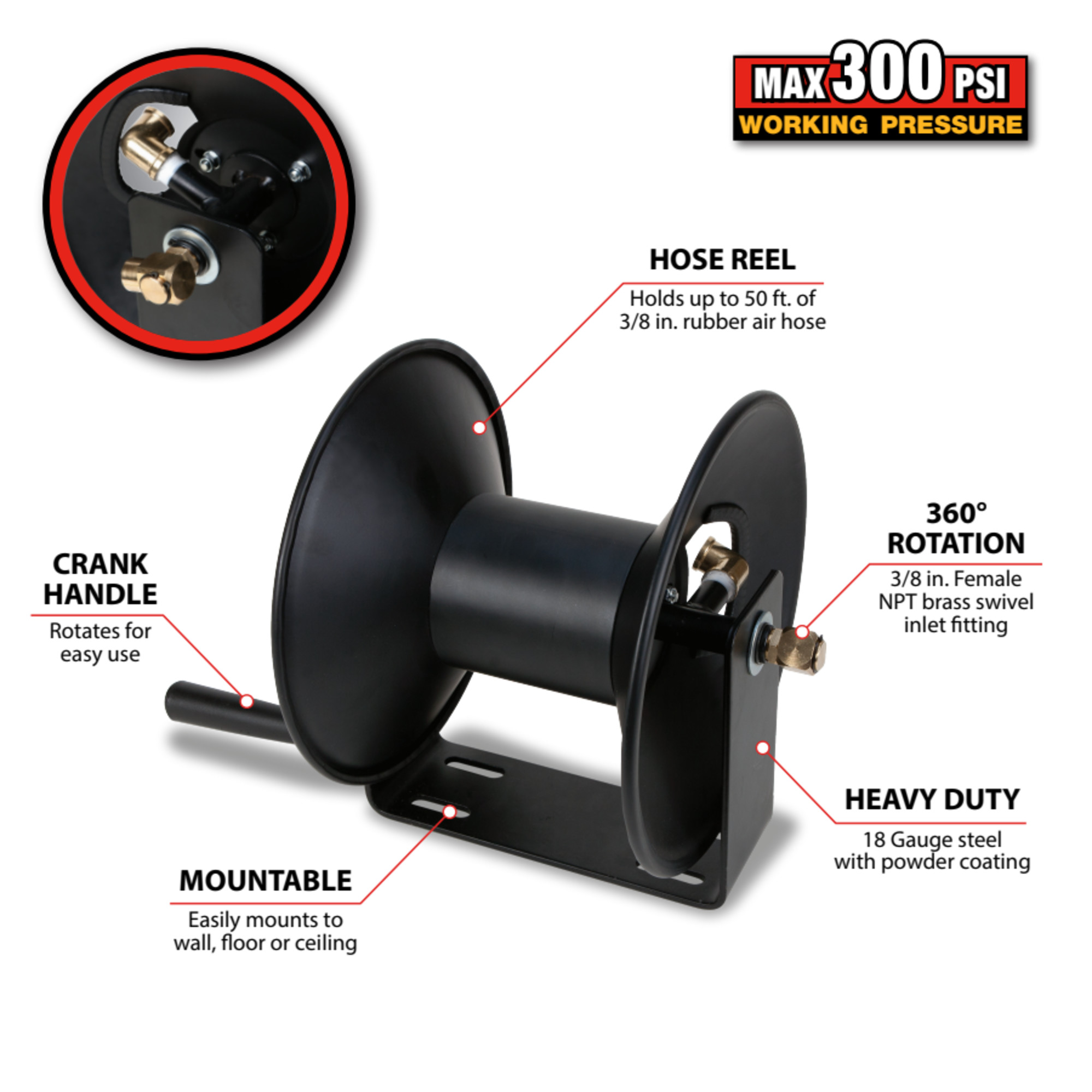 Performance Tool M635 50' 18 Gauge Steel Air Hose Reel (Reel Only)