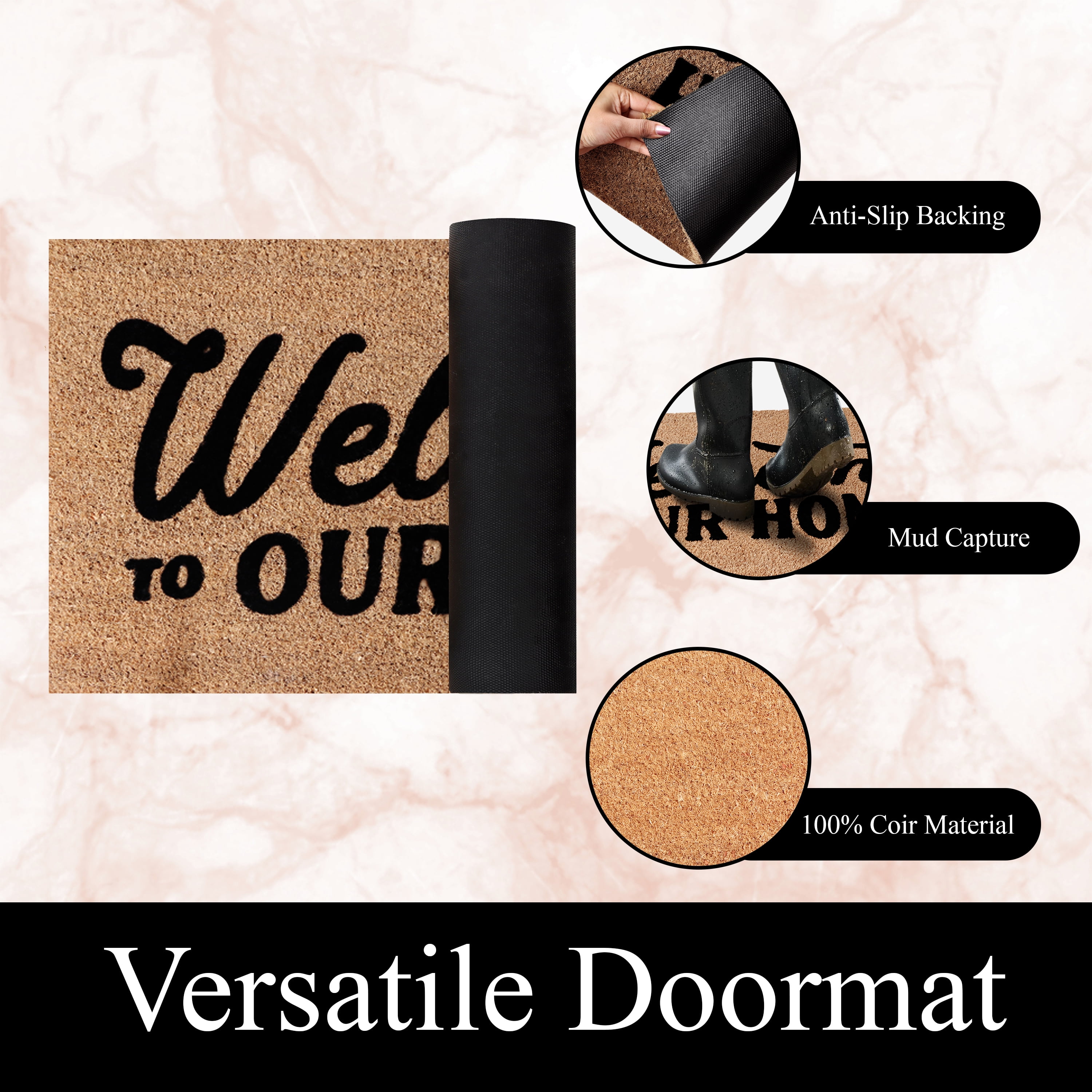A1HC Natural Coir Flocked Doormat, Welcome Home Black , 24"x36", Durable Outdoor Mat, Non-Slip, Pet Friendly, Fade Resistant