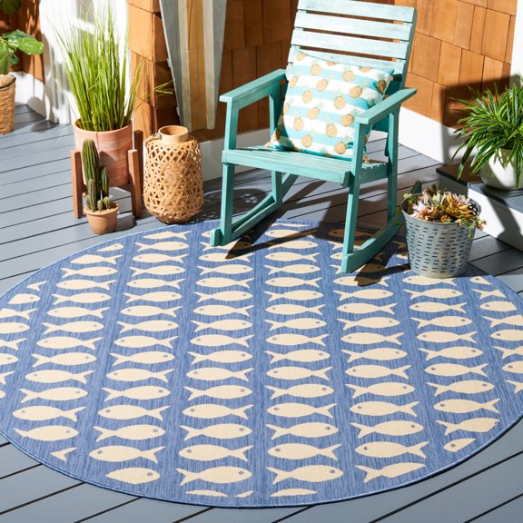 Safavieh Courtyard Tranter Fishes Indoor/Outdoor Area Rug, Blue/Beige, 5'3" x 5'3" Round