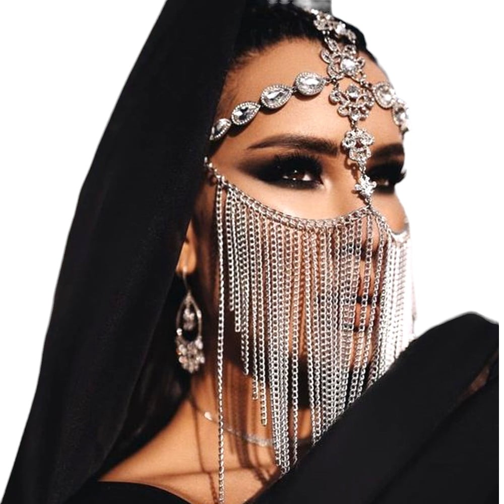 Crystal Tassel Face Mask Rhinestone Masquerade Mask Jewelry for Women Hair Face Chain Halloween Party