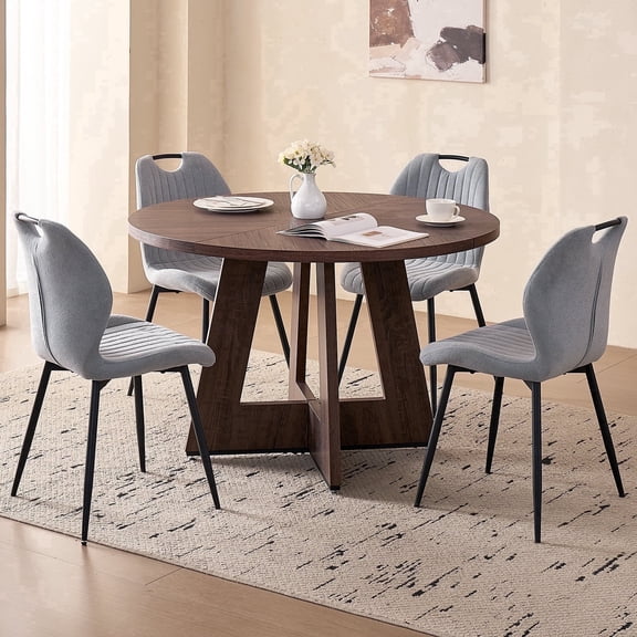 5 Piece 47'' Round Dining Table Chairs Set for 4, Farmhouse Walnut Kitchen Table with 4 Scandi Mid Century Modern Dinning Room Chairs, Wood Dinner Table &Upholstered Fabric Chairs Set of 4, Grey