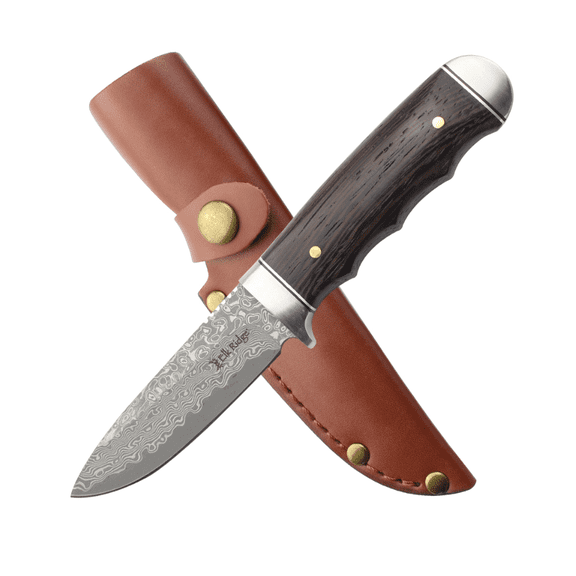 Elk Ridge Damascus Full Tang Fixed Blade Knife w/Leather Sheath