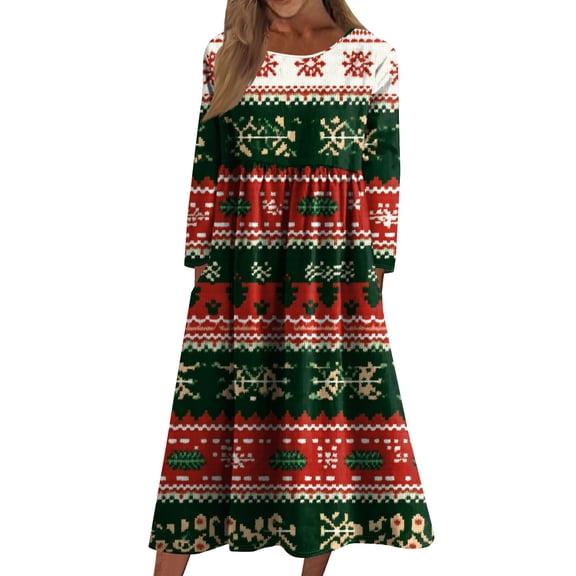 WTOBBY Women's Holiday Casual Dress Crew Neck Christmas Print Mid-Length Long Sleeve with Pocket Feature Festive Seasonal Celebration Wear,Army Green L