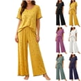 thumbnail image 2 of Fengactive Womens Star Print Lounge Set Scalloped Trim Short Sleeve Top and Wide Leg Pants Sleepwear, 2 of 6