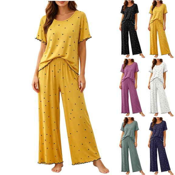 SHTXOZHI Womens Loose Wide Leg Pants Pajamas Set Short Sleeve Crew Neck Top Comfortable Soft Printed Sleepwear
