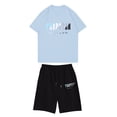 thumbnail image 1 of Traje de pantalón corto con cintura elástica y cuello redondo de manga corta estampado informal para niño Azul claro 90, 1 of 3