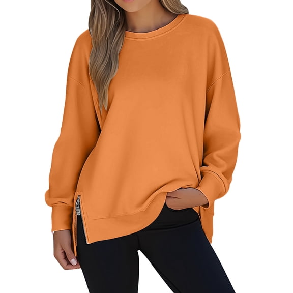 Women's Oversized Hoodie with Side Zipper Long Sleeve Crewneck Solid Pullover Tunic Top Orange L
