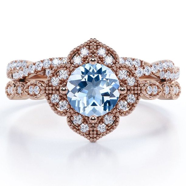 JeenMata Anillo Nupcial con Diseño de Milgrain Floral en Forma Redonda de 1,75 Quilates con Aguamarina Azul Cielo y Moissanita Engastado en Baño de Oro Rosa de 18 K sobre Plata