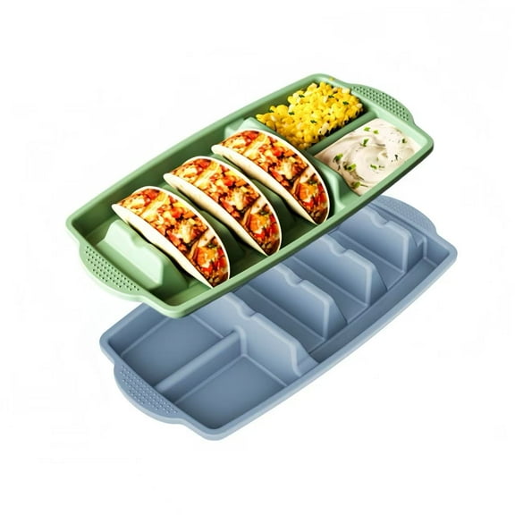 Reusable Silicone Taco Holder Set of 2, Taco Plates with Dividers & Dip Bowls, Taco Shell Holds 3 Taco Shells Stand, Microwave & Dishwasher Safe, Non-Slip Base, Taco Bar Serving for Party