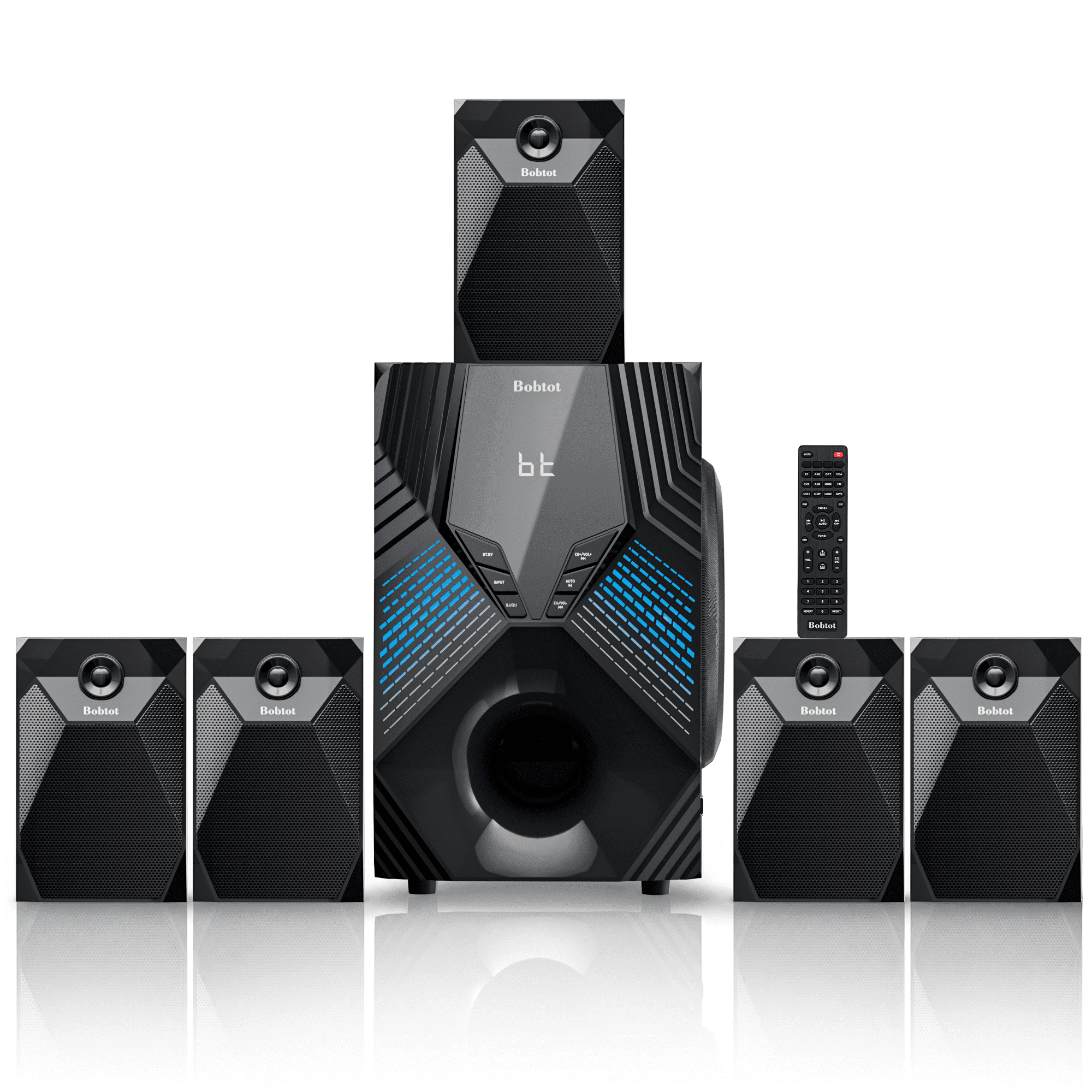 Bobtot 5.1/2.1 Channel Surround Sound Speaker System 1000W Bluetooth Home Theater with 8" Subwoofer, Bluetooth, USB, Includes Remote, LED Light Effects - Perfect for TV Movies, Karaoke