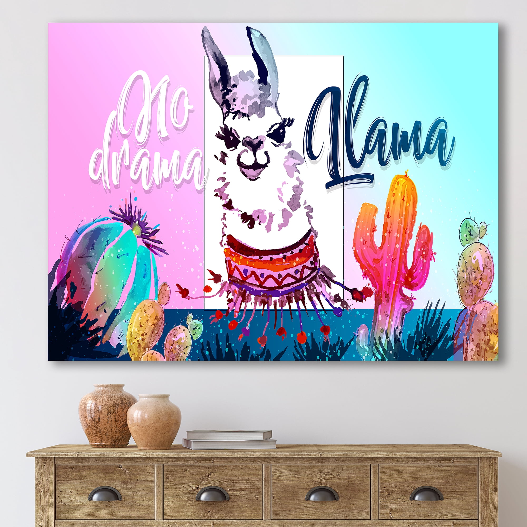 Designart ' No Drama and Colorful Llama ' Children's Art Canvas Wall Art Print