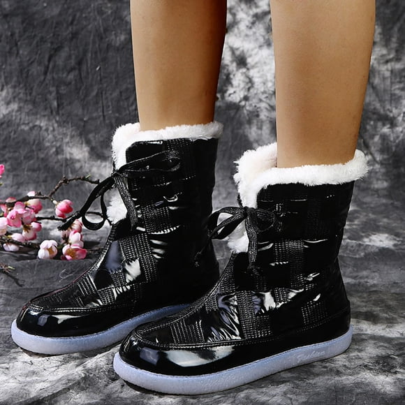 Hjcommed Bottes Mi-Mollet pour Femmes Bout Rond Bottines Deux Façons de Porter Lacets Bottes de Neige Noir 39